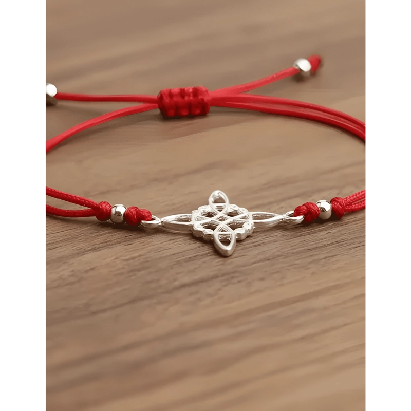 PULSERA NUDO DE BRUJAS HILO PLATA FINA PROTECCION ROJO - 4