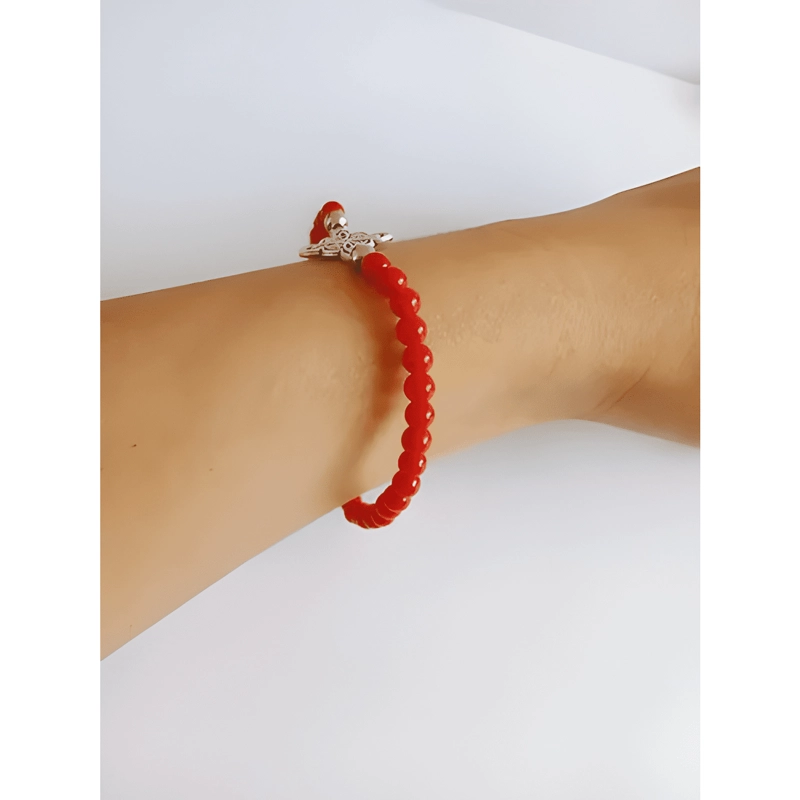 PULSERA NUDO BRUJA PIEDRA JASPE Y LAPISLAZULI ELASTICO ROJO - 4