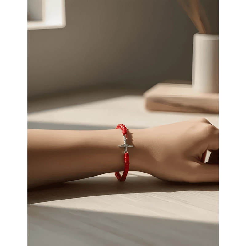 PULSERA CRUZ CRISTO PLATA 925 HILO CON CRISTALES ROJOS ROJO - 1