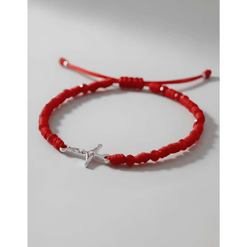 PULSERA CRUZ CRISTO PLATA 925 HILO CON CRISTALES ROJOS ROJO - 3
