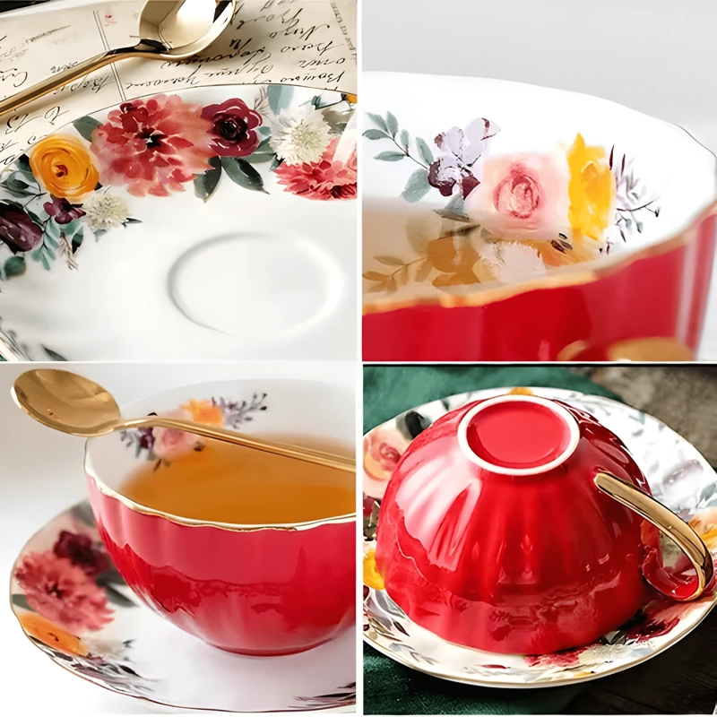 JUEGO DE TAZAS DE PORCELANA CON PLATILLOS Y CUCHARAS 8 OZ... - 3