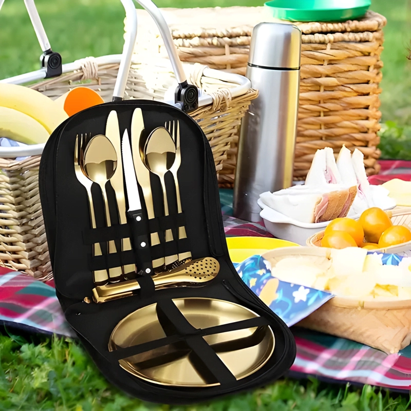 10PCS VAJILLA DE ACERO INOXIDABLE CAMPING PICNIC GRILL PLATO - 2