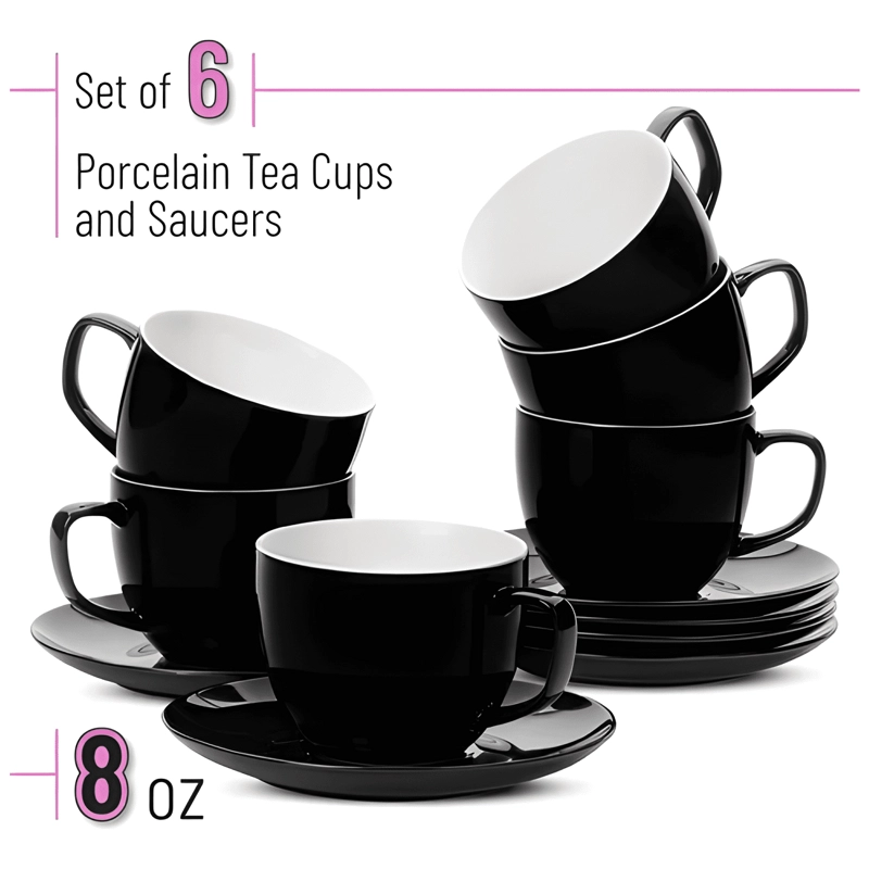JUEGO DE 6 TAZAS Y PLATOS DE PORCELANA 8 OZ BREW TO... NEGRA - 1