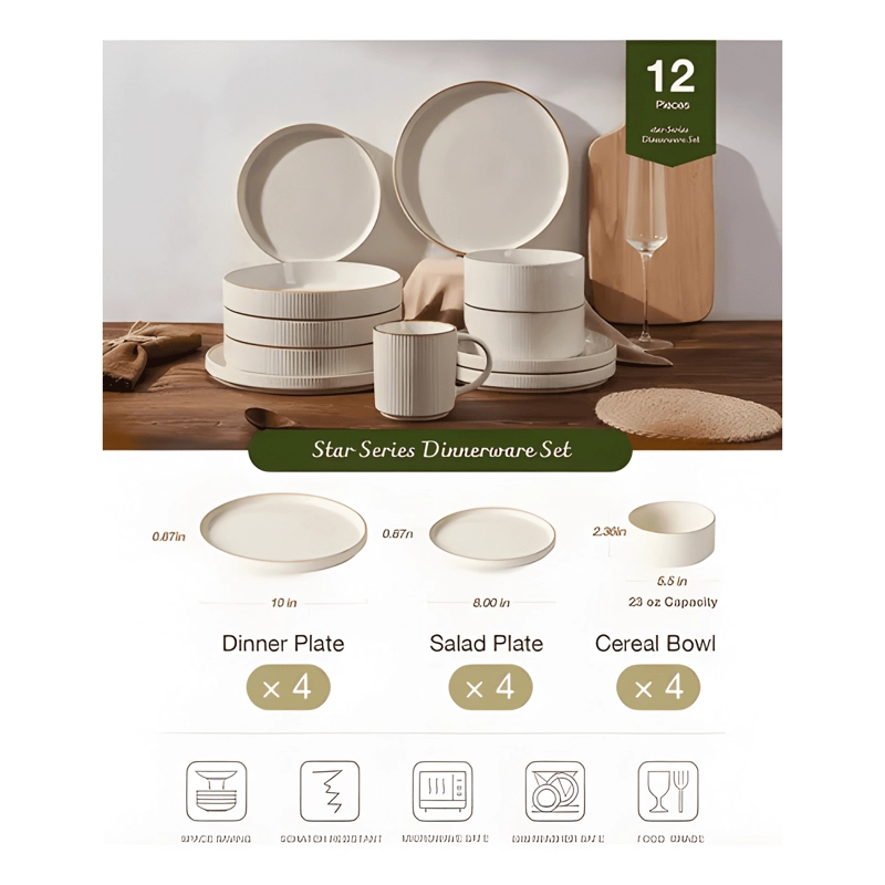 JUEGO DE VAJILLA DE CERAMICA PARA 4 PERSONAS, 12 PIEZAS F... - 2