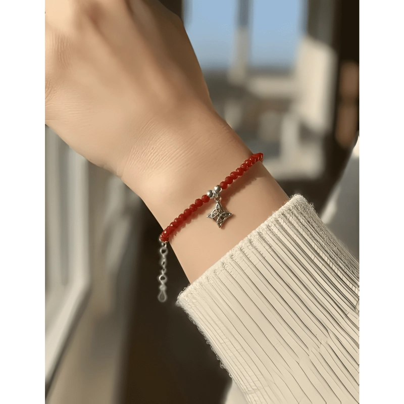 PULSERA NUDO DE BRUJAS PLATA FINA CRISTALES ROJOS PROTECCION - 1