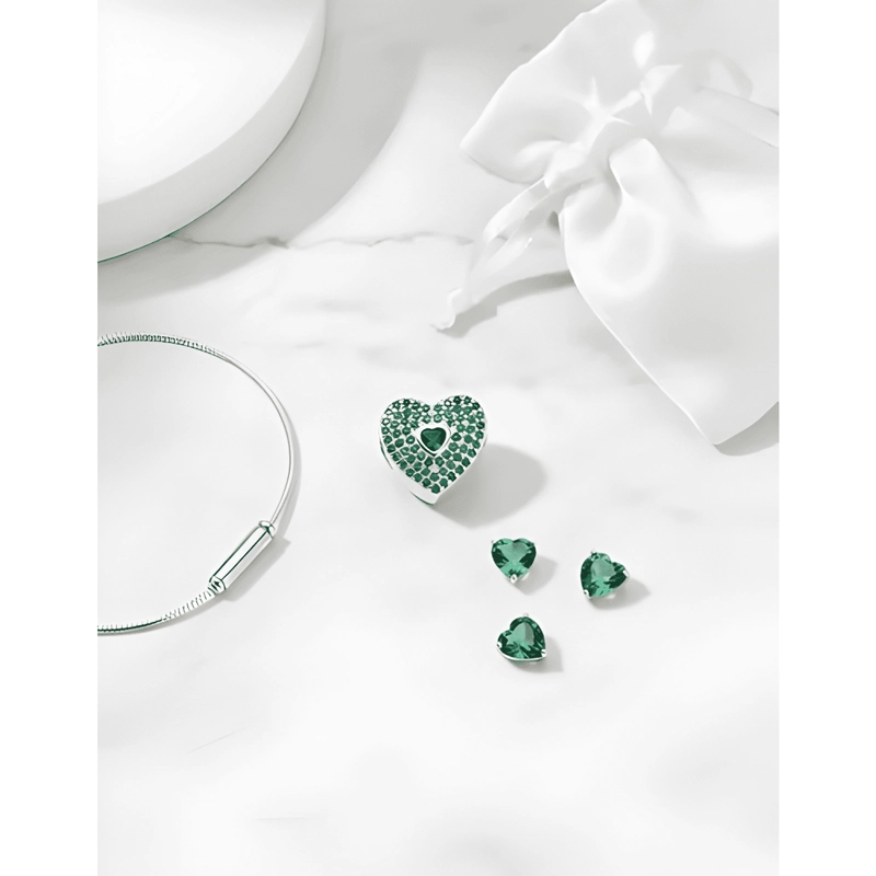 CHARM PLATA FINA 925 CORAZON CIRCONES ESMERALDA MUJER - 2