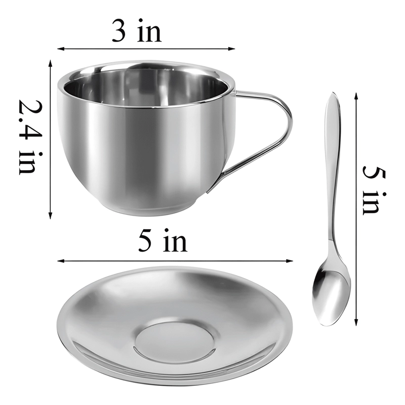 SET 4 TAZAS DE ACERO INOXIDABLE CON CUCHARAS Y PLATOS OKL... - 1