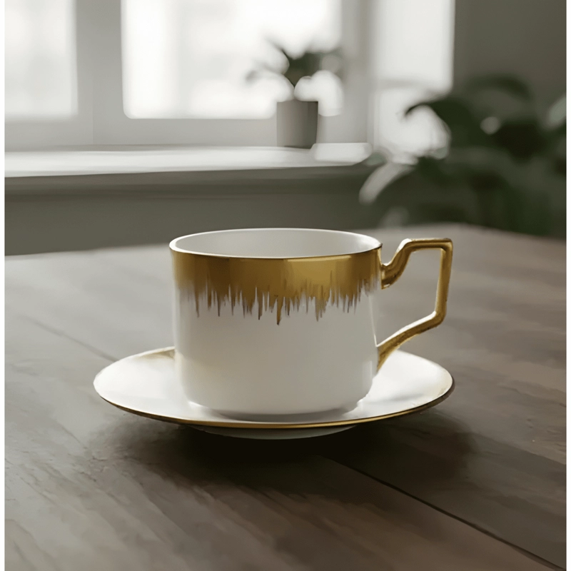 JUEGO DE 6 TAZAS DE TE  Y PORCELANA CON DETALLES DORADOS CAFE - 2