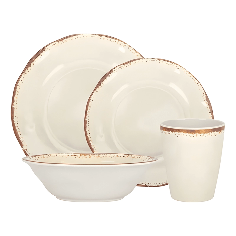 JUEGO 16 PIEZAS DE VAJILLA MELAMINA PLATOS VASOS CREMA - 1