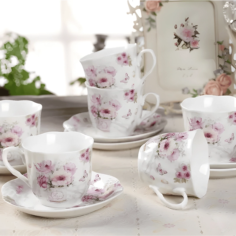 JUEGO DE 6 TAZAS DE PORCELANA 200 ML CON PLATO FLORAL GUA... - 1