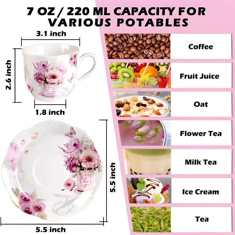 JUEGO DE 6 TAZAS DE PORCELANA 200 ML CON PLATO FLORAL GUA... - 3
