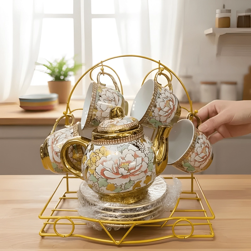 JUEGO TE  DISEÑO FLORAL TETERA SOPORTE ORGANIZADOR HOGAR - 3