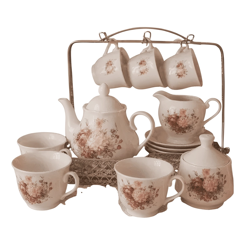 SET TAZAS + TETERA + AZUCARERO + CREMERO CERAMICA - 1