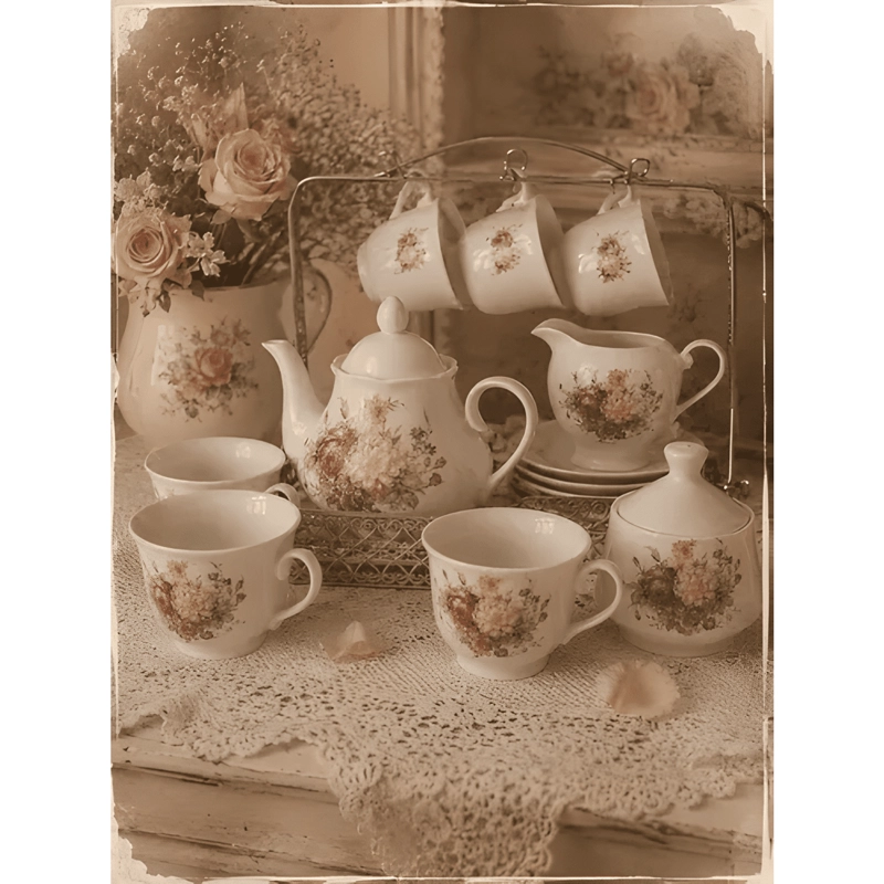 SET TAZAS + TETERA + AZUCARERO + CREMERO CERAMICA - 2