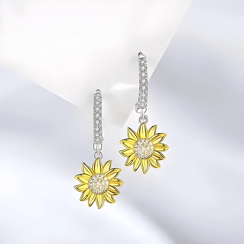AROS GIRASOL PLATA 925 CIRCONITAS BLANCAS FLOR - 1