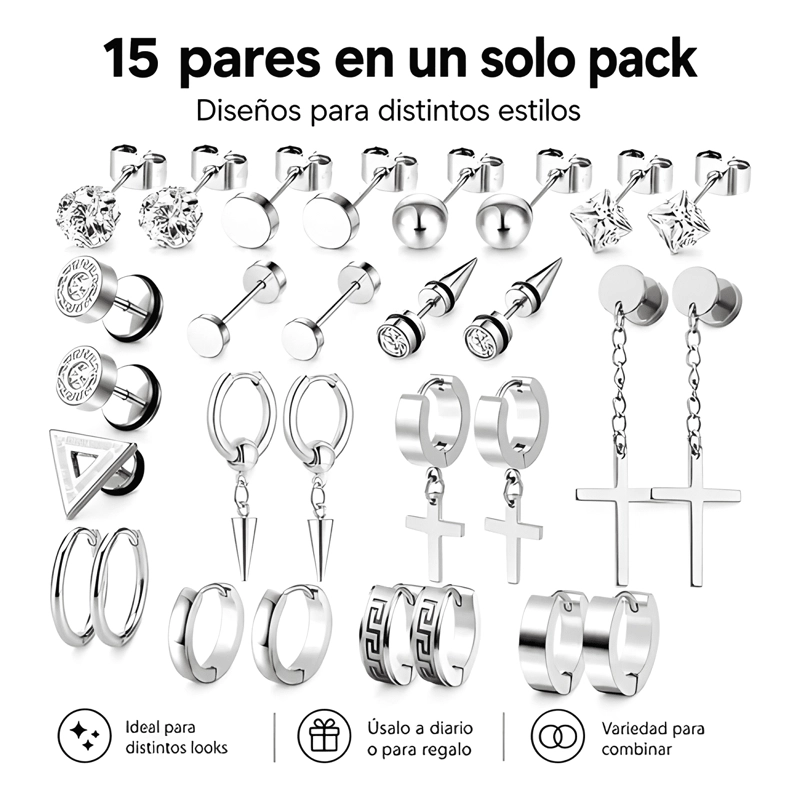 15 PARES AROS ARETES PENDIENTES HOMBRE PLATA - 2