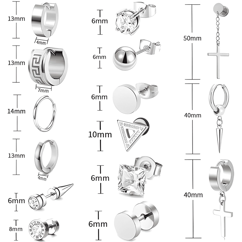 PACK 15 PARES DE AROS ARETES PENDIENTES PIERCING PLATEADO - 1