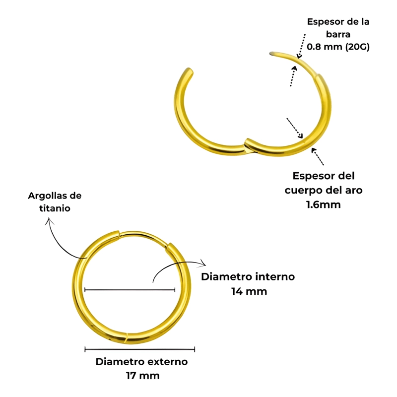 AROS LISOS ARGOLLAS 14MM TITANIO ASTM F136 CHAPADAS DORADO - 3