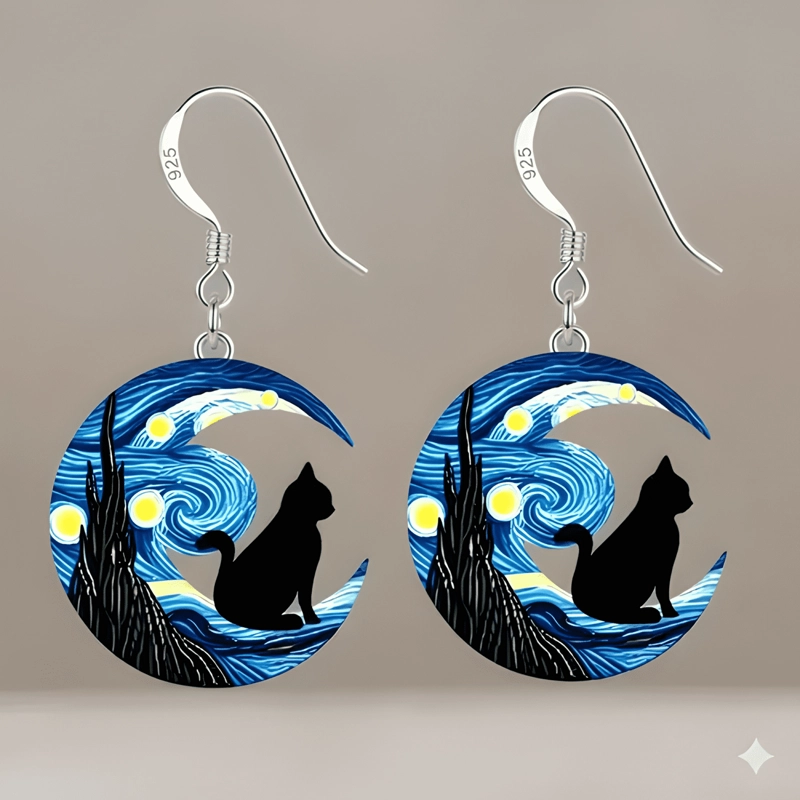 AROS VAN GOGH GATITO ARTE ACRILICO GANCHO DE PLATA GATO #1 - 2