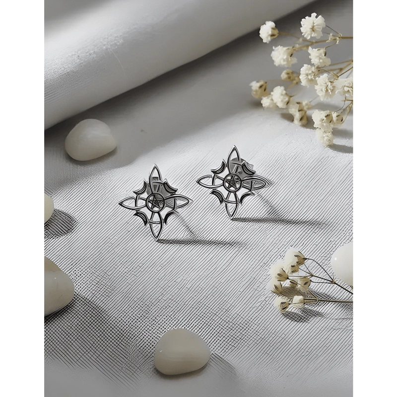 AROS NUDO DE BRUJAS PENTAGRAMA Y LUNAS PLATA 925 ENVEJECIDA - 1