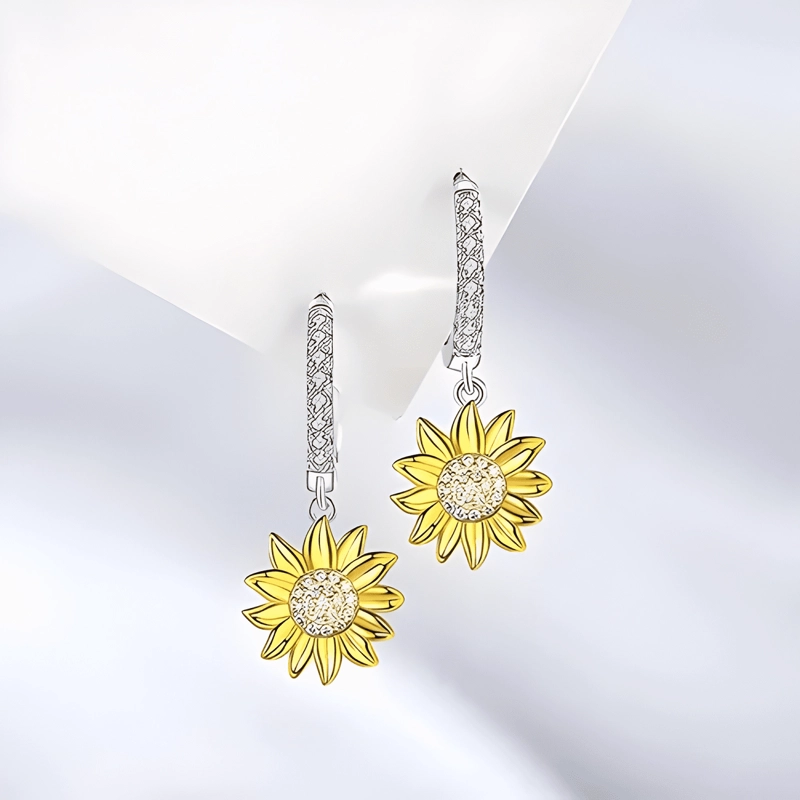 AROS GIRASOL PLATA 925 CIRCONITAS BLANCAS REGALO FLOR - 1