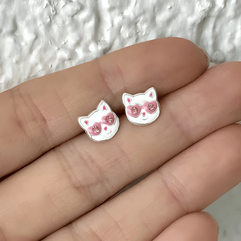 AROS DE GATITO GATO PARA NIÑA PLATA FINA ARITOS + CAJA - 1