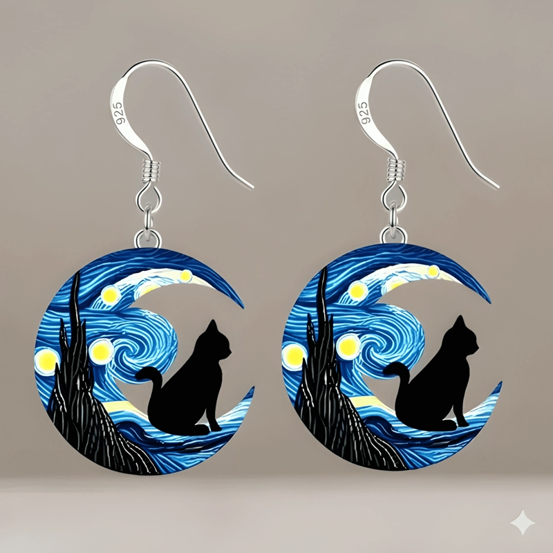 AROS VAN GOGH GATITO ARTE ACRILICO GANCHO DE PLATA GATO #2 - 1
