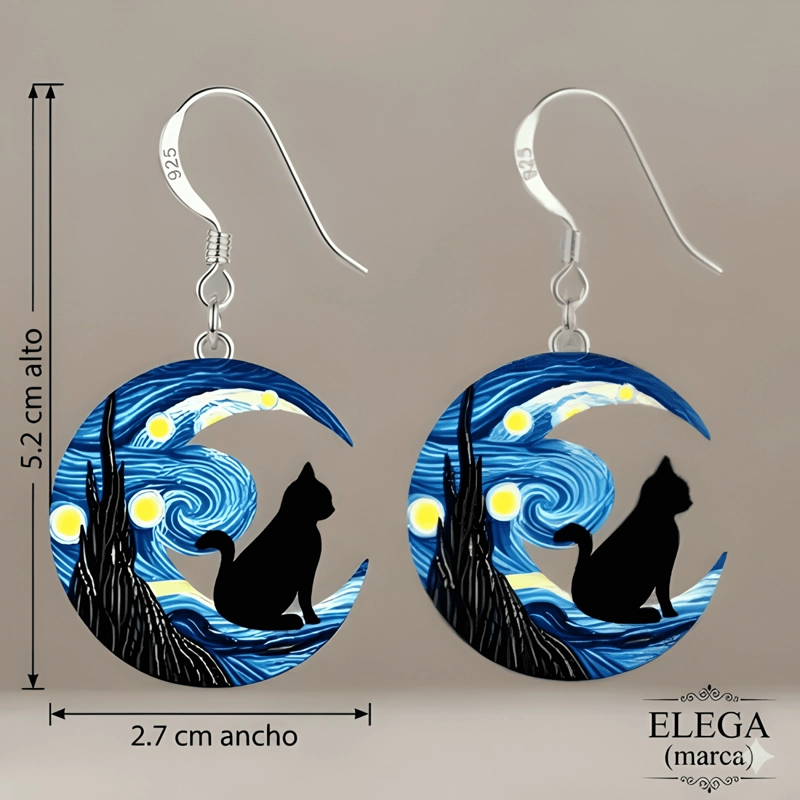 AROS VAN GOGH GATITO ARTE ACRILICO GANCHO DE PLATA GATO #2 - 3