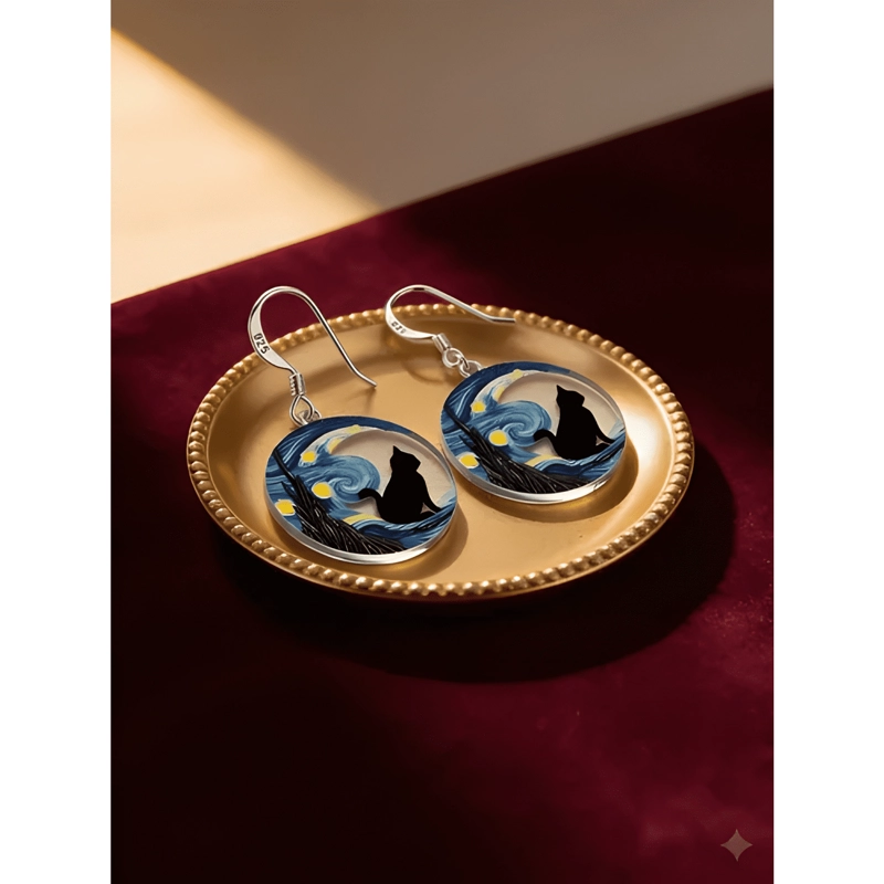 AROS VAN GOGH GATITO ARTE ACRILICO GANCHO DE PLATA GATO #2 - 4