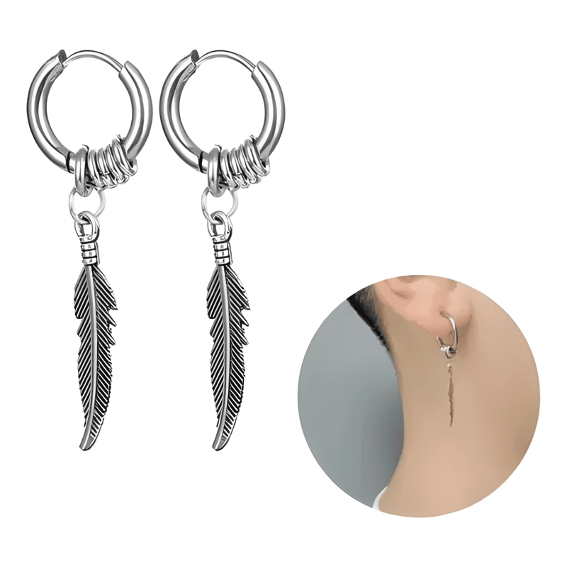 2 PARES AROS HOMBRE MUJER PLUMA PIERCING ACERO QUIRURGICO #9 - 3