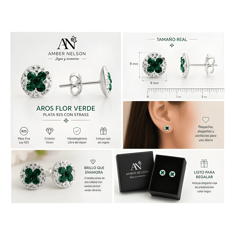 AROS PLATA 925 FLOR STRASS 9MM BRILLANTES MUJER REGALO VERDE - 2