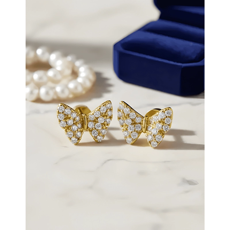 AROS NIÑA MARIPOSA PLATA 925 BAÑO ORO 18K CIRCONES TORNILLO - 1