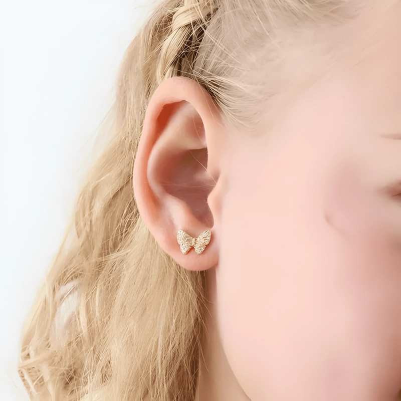 AROS NIÑA MARIPOSA PLATA 925 BAÑO ORO 18K CIRCONES TORNILLO - 2