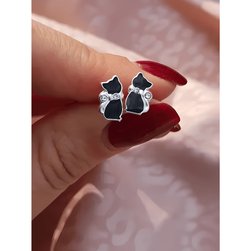 AROS GATO PLATA 925 NIÑA MUJER ARETES LIBRES DE NIQUEL NEGRO - 1