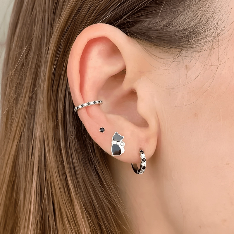 AROS GATO PLATA 925 NIÑA MUJER ARETES LIBRES DE NIQUEL NEGRO - 2