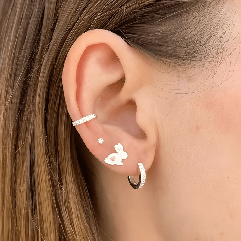AROS DE NIÑA DE CONEJITO CONEJO CORAZON PLATA FINA + CAJITA - 1