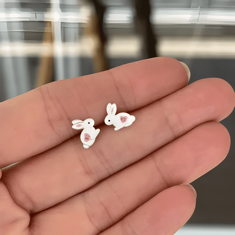 AROS DE NIÑA DE CONEJITO CONEJO CORAZON PLATA FINA + CAJITA - 2