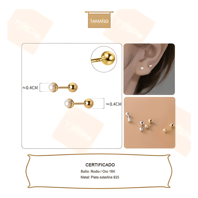 AROS PARA BEBE  ATORNILLADOS PERLA PLATA 925 BAÑADOS EN ORO - 1