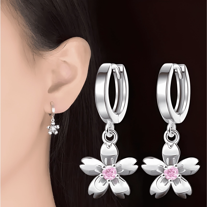 AROS DE FLOR ROSADA PLATA 925 MODA FLORES MUJER ROSA - 1