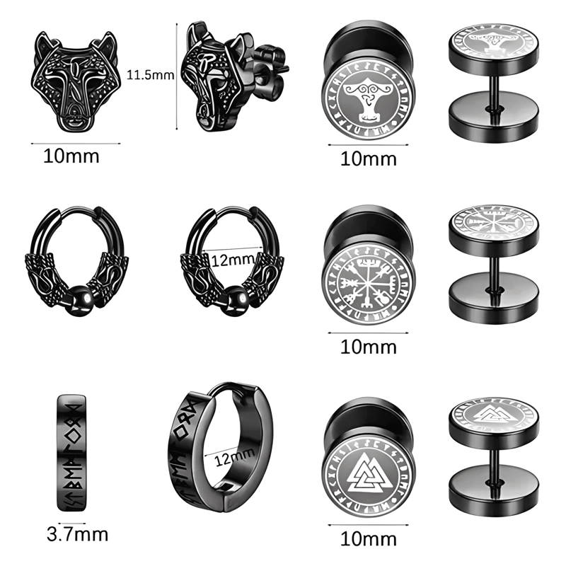 6 PARES ARETES CON PIERCING PENDIENTES RUNAS VIKINGAS NEGRO - 1