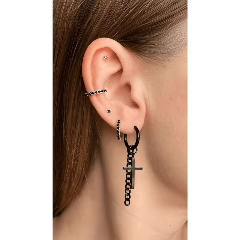 AROS HOMBRE ARGOLLAS NEGRAS CRUZ CADENA PUNK ACERO COLGANTE - 2