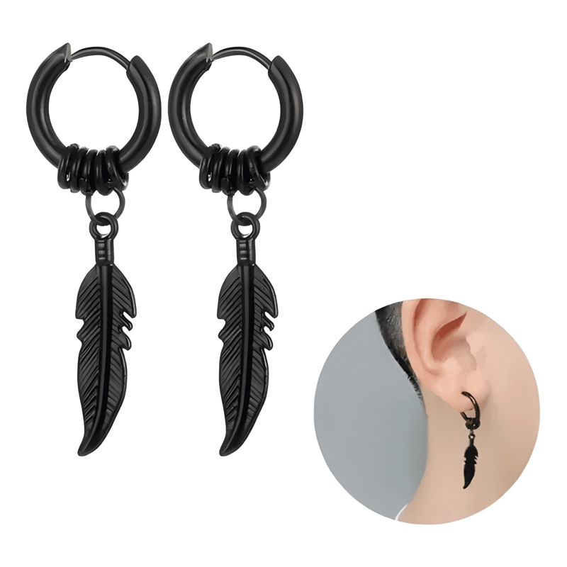 2 PARES AROS HOMBRE MUJER PLUMA PIERCING ACERO QUIRURGICO #7 - 4