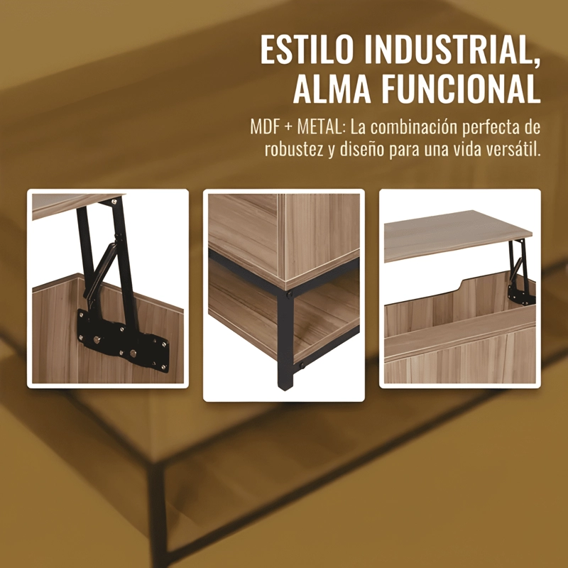 MESA DE CENTRO ESTILO INDUSTRIAL MADERA Y ACERO 90X48X45 CM - 4