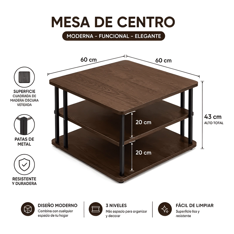 MESA AUXILIAR DE CENTRO TRES NIVELES CUADRADA COLOR CAFE - 3
