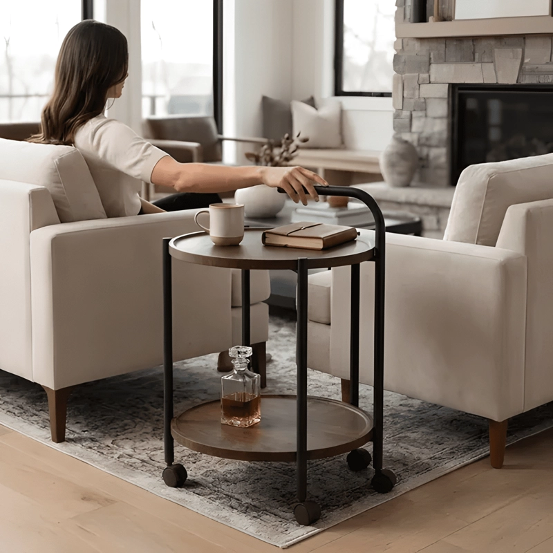MESA AUXILIAR CON RUEDAS 2 NIVELES MADERA OSCURA 40X65CM - 3