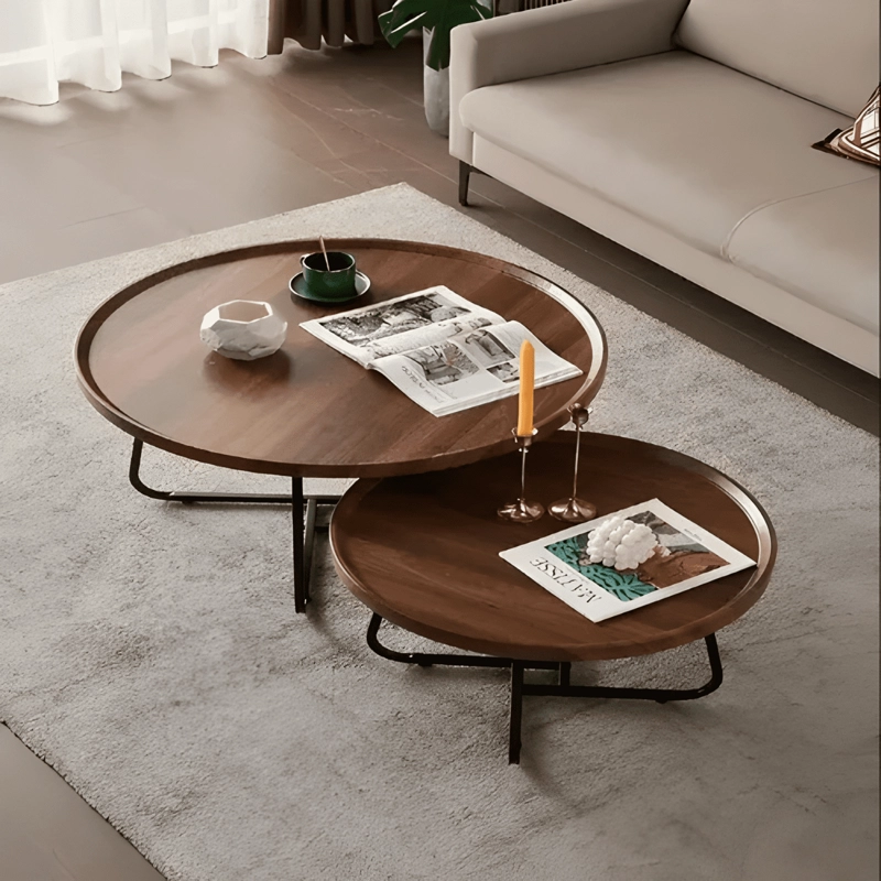 JUEGO MESA DE CENTRO REDONDA DOBLE MADERA COLOR MARRON - 1