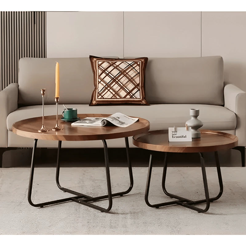 JUEGO MESA DE CENTRO REDONDA DOBLE MADERA COLOR MARRON - 4