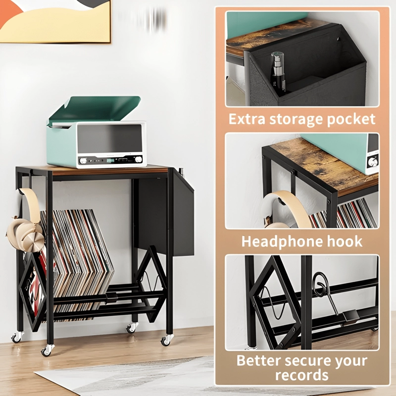 CARRO MESA DE SOPORTE TOCADISCOS Y ALMACENAMIENTO CON RUEDAS - 4