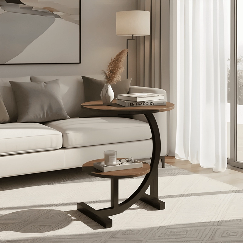 MESA AUXILIAR DE LIVING REDONDA DOBLE REPISA MADERA METAL - 1
