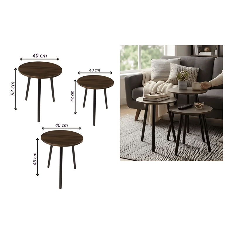 SET 3 MESAS AUXILIARES REDONDAS ESTILO NORDICO MADERA #2 - 3